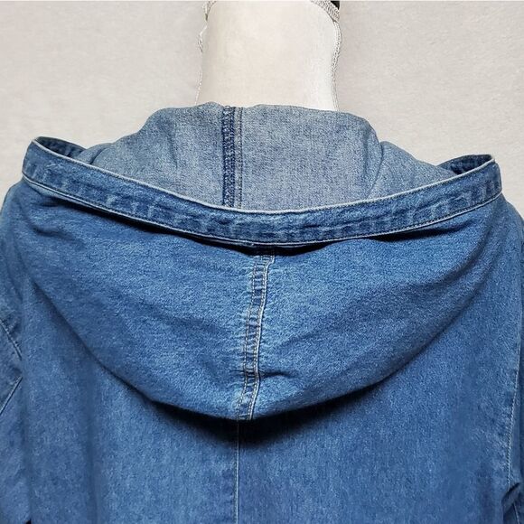 VINTAGE 1990s Sag Harbor Stone Wash Full-zip Hooded Denim Shacket Jacket Medium - Picture 14 of 16